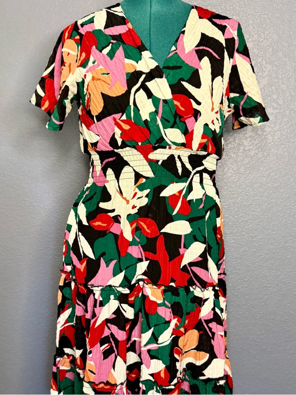 Alex & Parker Floral Midi Dress‎ L Black Multi V Neck Tiered Boho